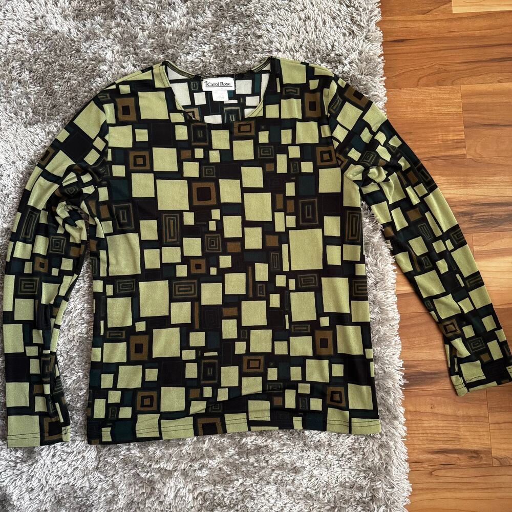 CAROL ROSE | Green MOD Print Long sleeve Stretch Blouse Top Size Large